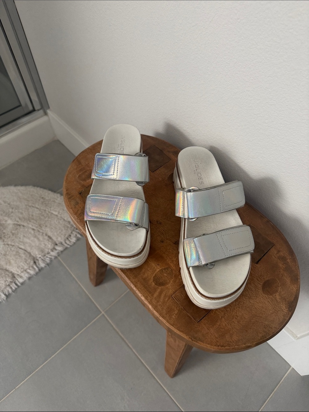 J Brand Holographic Double-Strap Slide Sandals - Silver Iridescent
